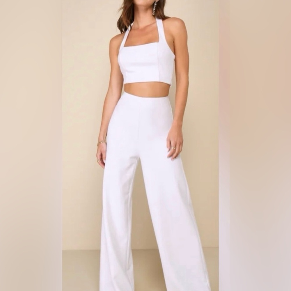 Lulus Compelling Perfection White Halter Wide Leg Two Piece Jumpsuit NWOT Small